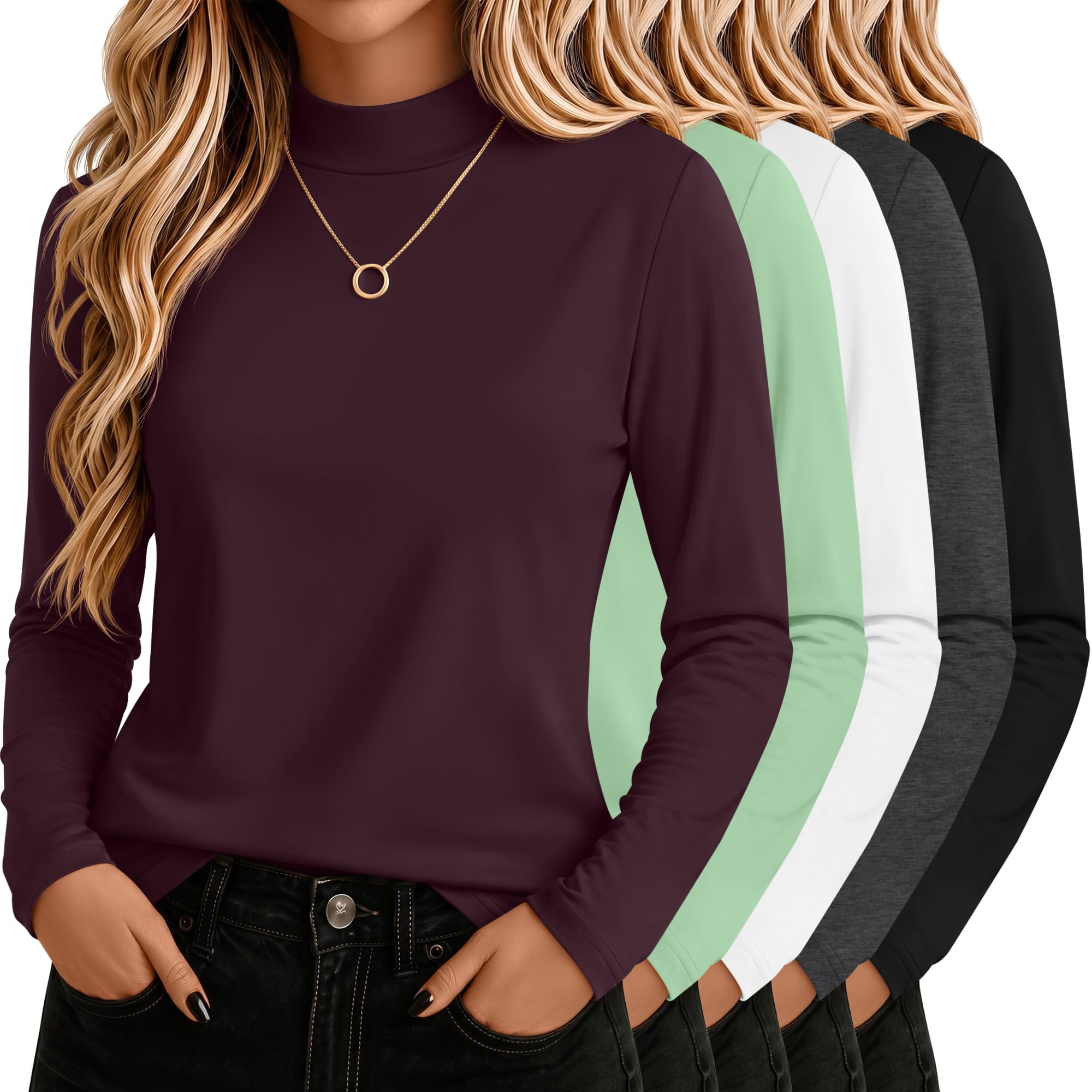 5 Pack Mock Turtleneck Cotton Shirts for Women