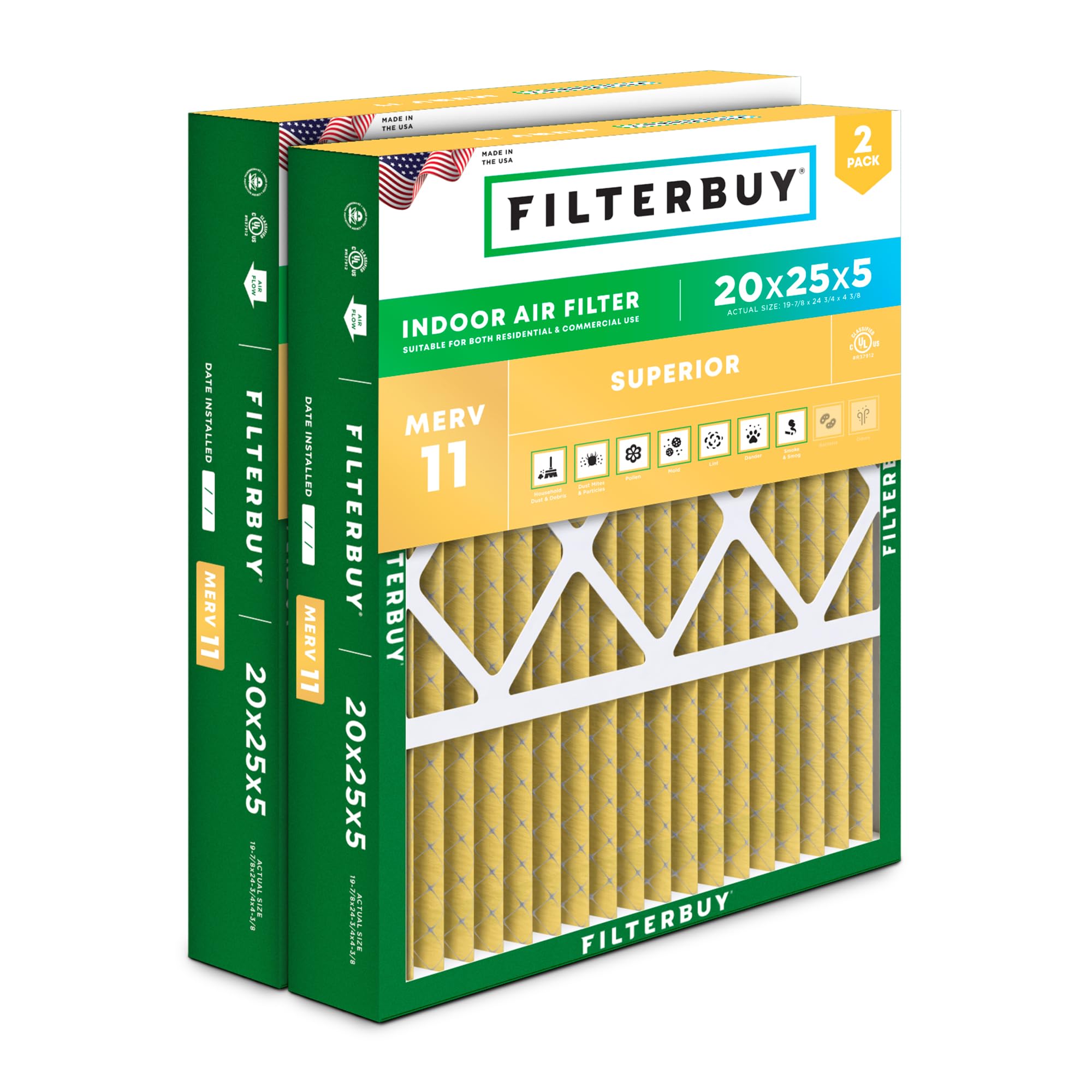 Filterbuy 20x25x5 Air Filter MERV 11 Pet & Allergy Defense (2-Pack) | Pleated HV