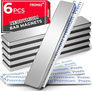 FINDMAG Strong Bar Magnets with Adhesive Backing, 6 Pack, 2.36x0.39x0.12in | Neodymium magnet strips heavy duty in a flat bar profile; for cabinet doors, shower door repairs, signs, tools and DIY