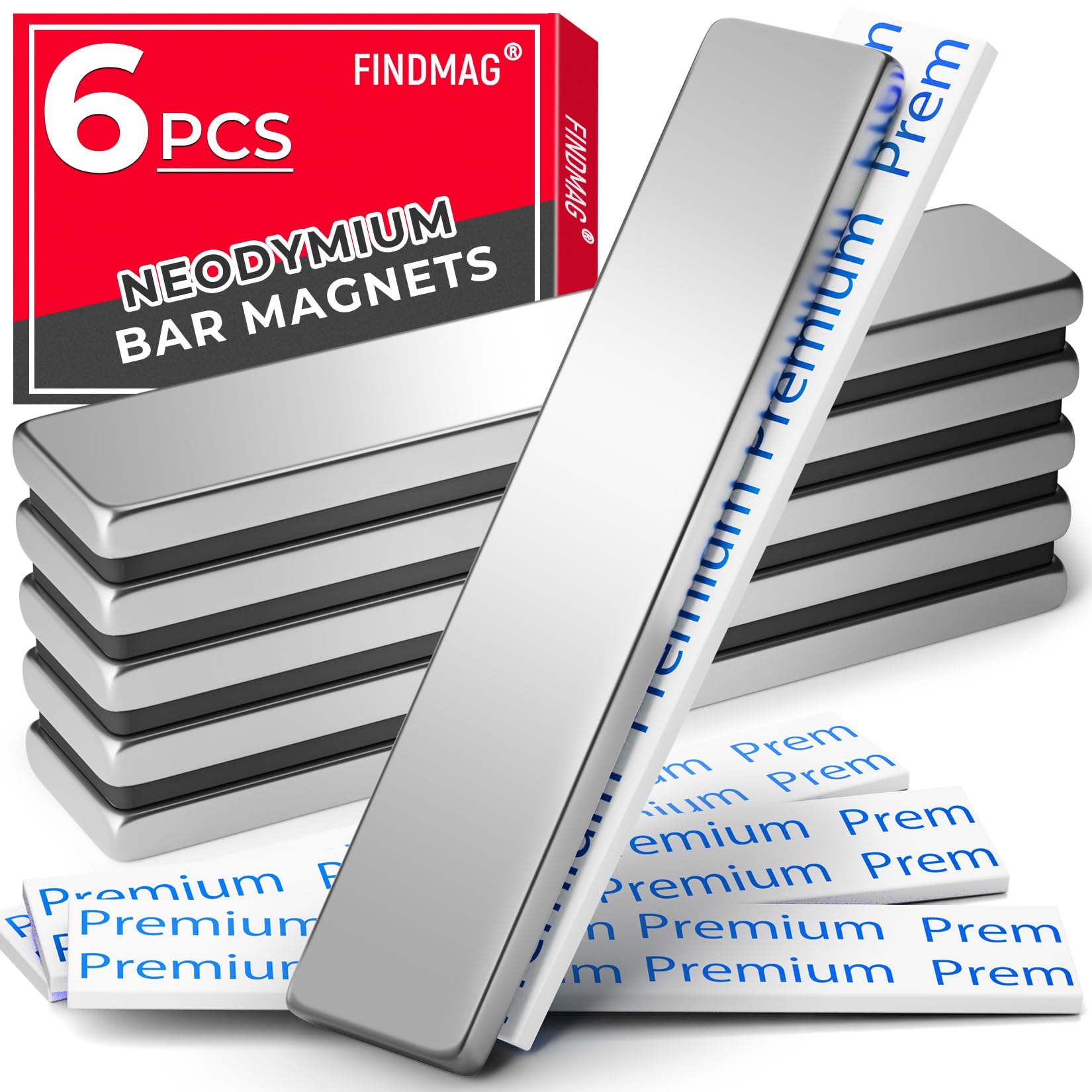 FINDMAG Strong Bar Magnets with Adhesive Backing, 6 Pack, 2.36x0.39x0.12in | Neo