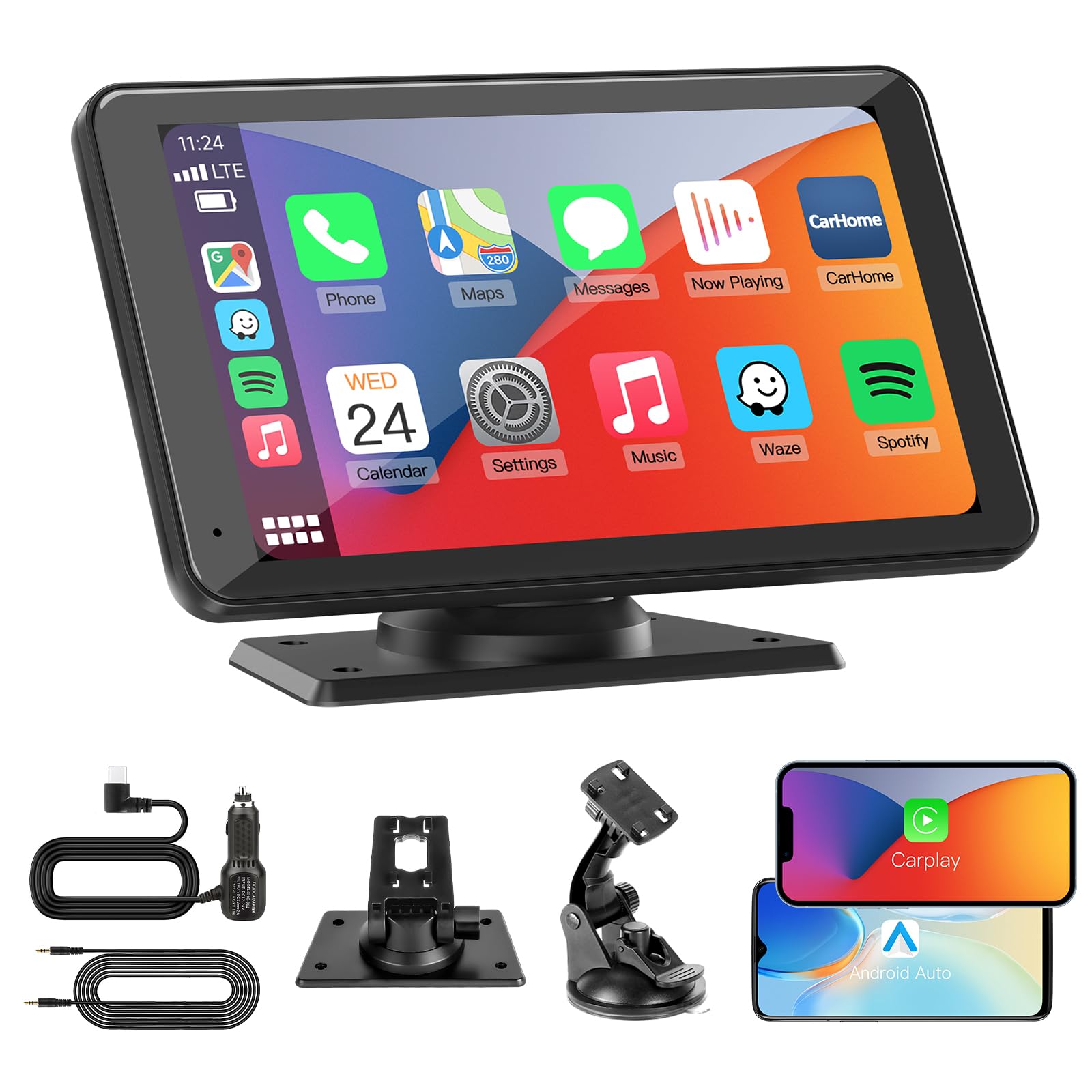 KAXRUO Portable Wireless CarPlay Android Auto Screen - Car Stereo 7" HD Touchscr