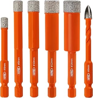 BGTEC Dry Diamond Drill Bits Set - Tile Drill Bit 6/8/10/12/14mm with Quick Change Hex Shank and 6mm Carbide Drill for Granite Marble Porcelain Ceramic，6pcs