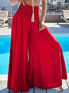 Women Linen Palazzo Pants Boho Bagyy Wide Leg High Waist High Smocked Waist Casual Lounge Pants with Pocket Summer Beach