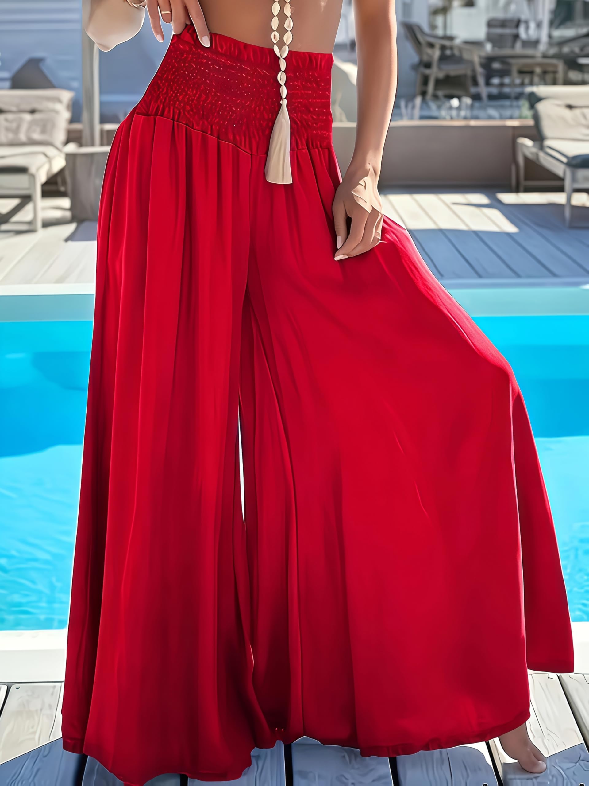 Women Linen Palazzo Pants Boho Bagyy Wide Leg High Waist High Smocked Waist Casu