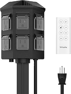 TiFFCOFiO Outdoor Power Stake Timer, 100FT Remote Control, Dusk to Dawn Christmas Light Timer, 6FT Extension Cord Waterproof, 6 Grounded Outlets for Outdoor Christmas Decorations, ETL Listed