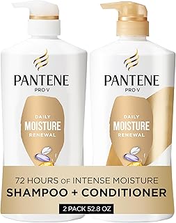 Pantene Shampoo & Conditioner Set, Daily Moisture Renewal - Pro-V Nutrients for Dry, Color-Treated, Straight to Curly Hair, 72-Hour Hydration & Softness, 52.8 Oz Total + Miracle Rescue Shot (0.5 Oz)