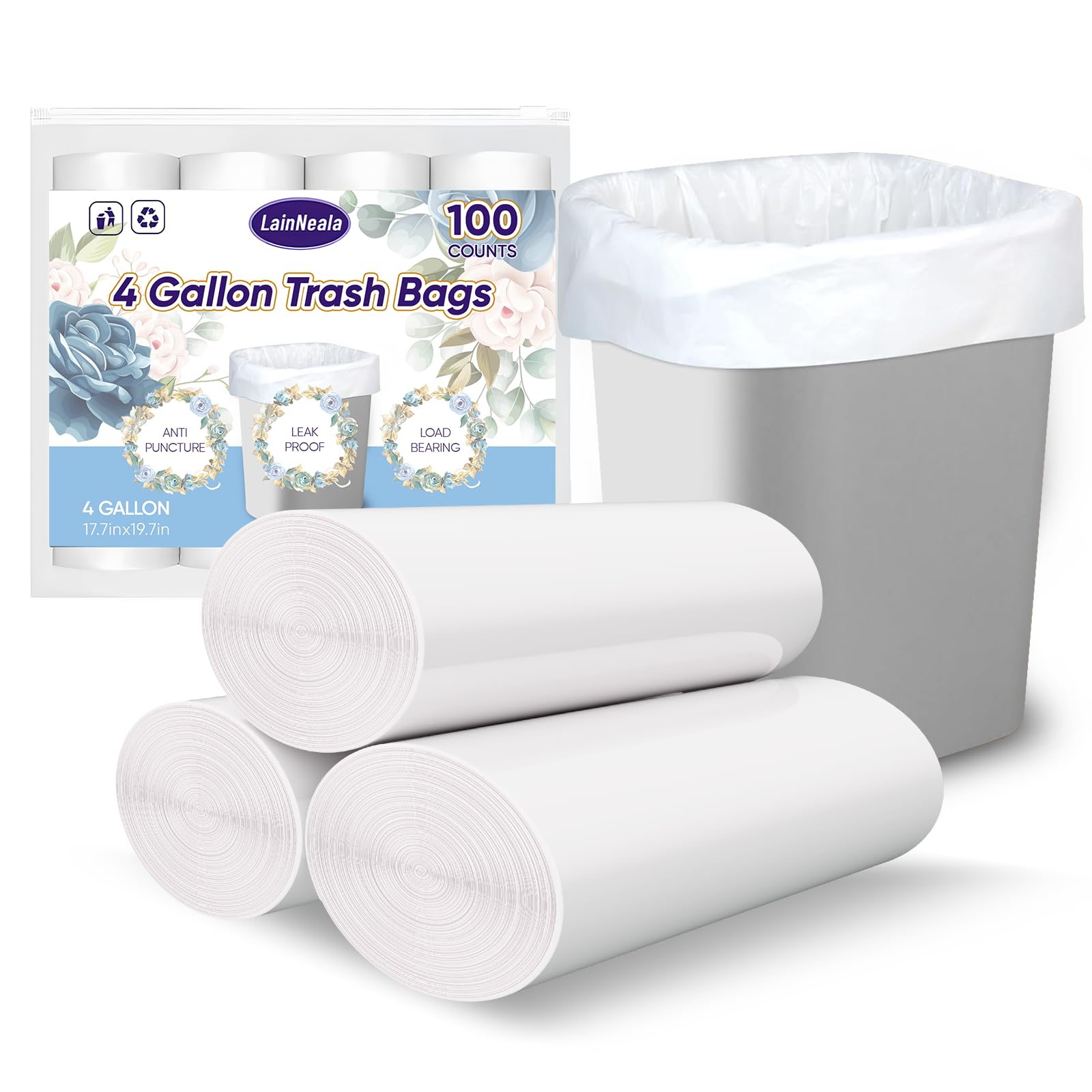 LainNeala Small Trash Bags 4 Gallon, 100 Count Small Garbage Bag Bathroom White 