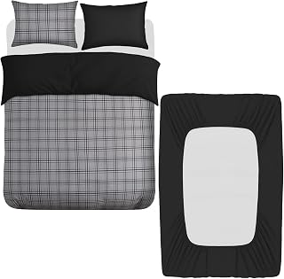 Grace 4 Pcs Double Duvet Set with Matching Black Double Fitted Sheet 40 cm Extra Deep Pocket - UltraSoft Breathable Premium Microfibre Reversible Quilt Cover Bedding Set For All Seasons