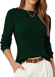 QUALFORT Ribbed Knit Women's Long Sleeve Fitted Sweater Crew Neck Pullover