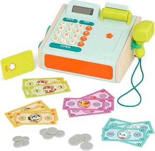 B. toys Mini Cashier Playset, Toy Cash Register with Scanner, 30 Pcs | 30-piece pretend play set with calculator, scanner, credit card, 12 coins, 16 bills, retractable receipt, sound, 3+ Years