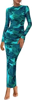 PRETTYGARDEN Maxi abito da donna a maniche lunghe 2025 autunno increspato aderente floreale in rete formale per matrimoni e cocktail party