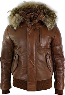 TruClothing Men's Bomber Jacket Outwear Windproof Winter Puffer Real Leather Jackets Coat Fur Hood