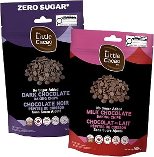 The Little Cacao Co Gourmet No Sugar Chocolate Chips, Milk & Dark, 2x200g | Baking Chips, Creamy, Melt-in-Mouth, No Sugar Alcohol or Stevia Aftertaste, Keto & Diabetic Friendly, Made in Canada