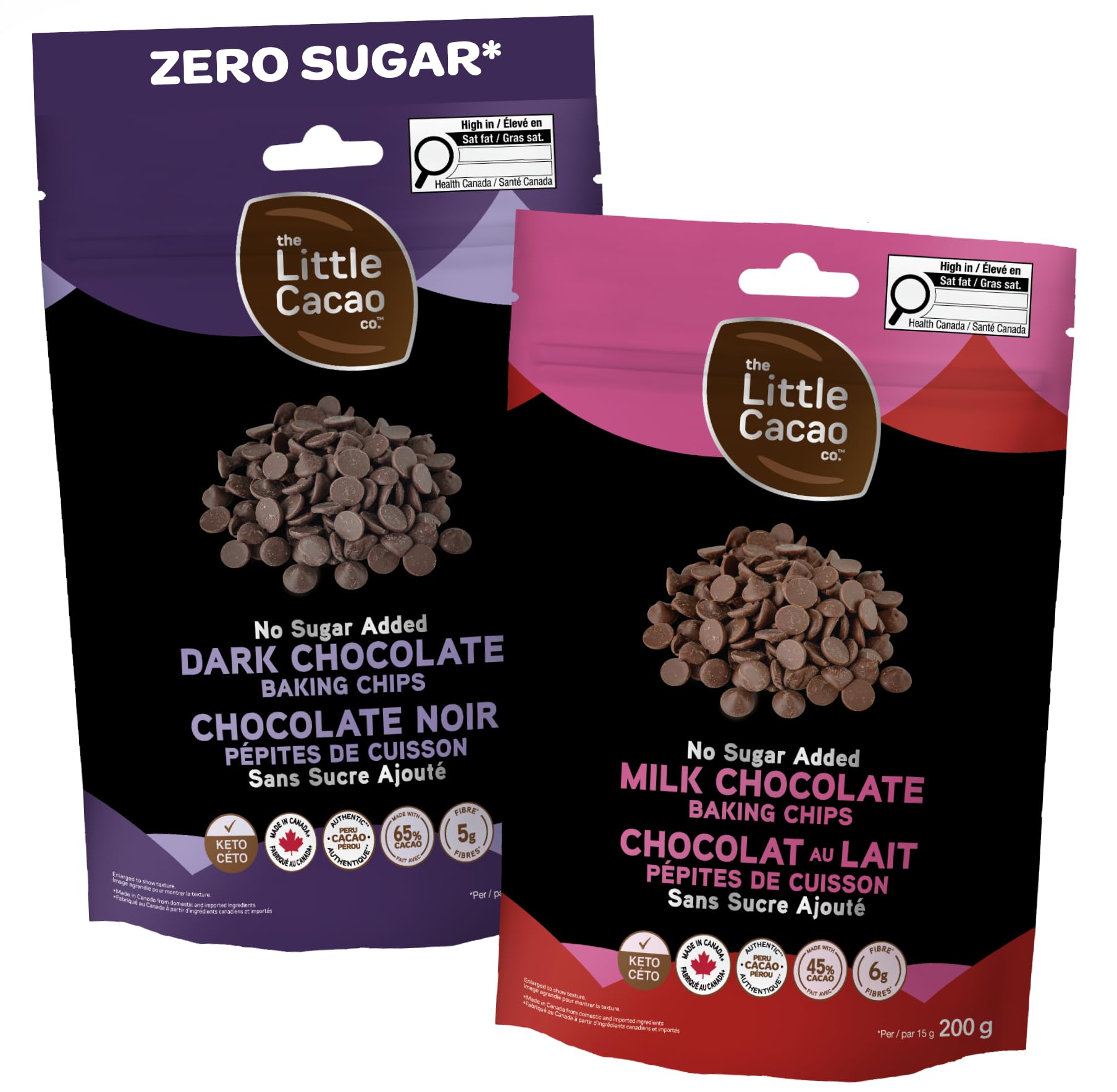 The Little Cacao Co Gourmet No Sugar Chocolate Chips, Milk & Dark, 2x200g | Baki
