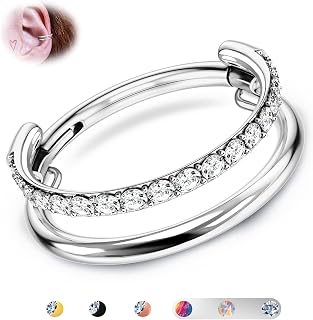 16G G23 Titanium Double Hoop Conch Tragus Helix Piercing Septum Nose Ring | Silver 14K Gold Plated Black Rose Gold Plated Stacked Cartilage Clicker Earrings for Women Men Jewellery 7/8/9/10/11/12mm