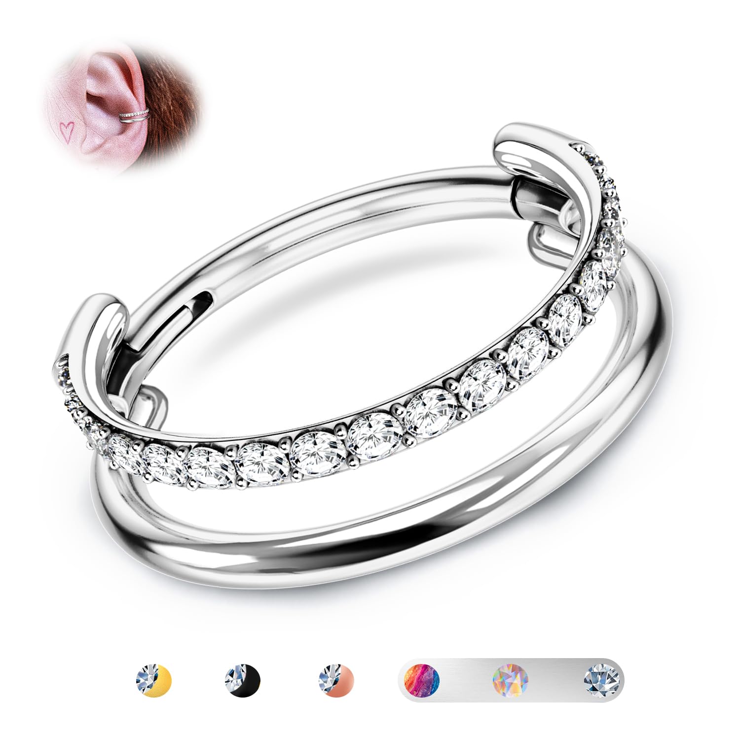 16G G23 Titanium Double Hoop Conch Tragus Helix Piercing Septum Nose Ring | Silv