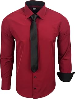Subliminal Mode - Men's Long-Sleeved Shirt with Two-Tone Collar Plain + Black Tie Shirt Slim Fit Business Easy Iron RN77