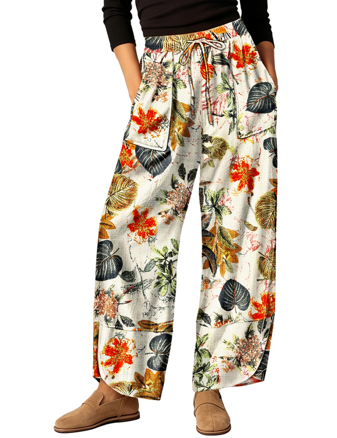 YESNO Women's Wide Leg Cotton Pants Floral Barrel Trousers PHB