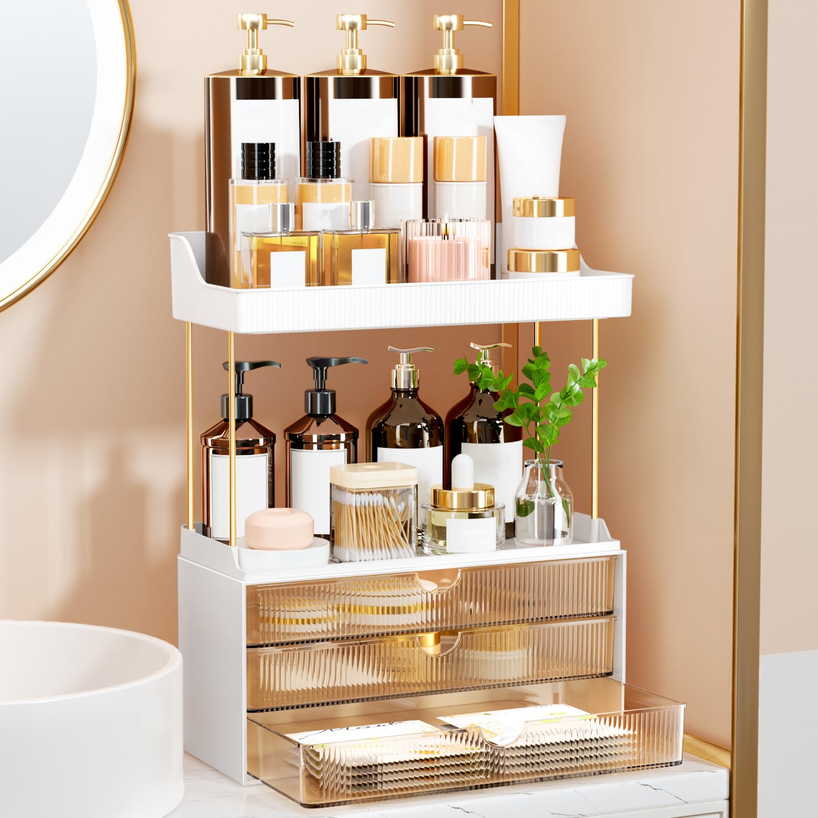 OrderlyGo Makeup Organiser with 3 Drawers, 2 Tiers, Large Amber Storage | Exquis
