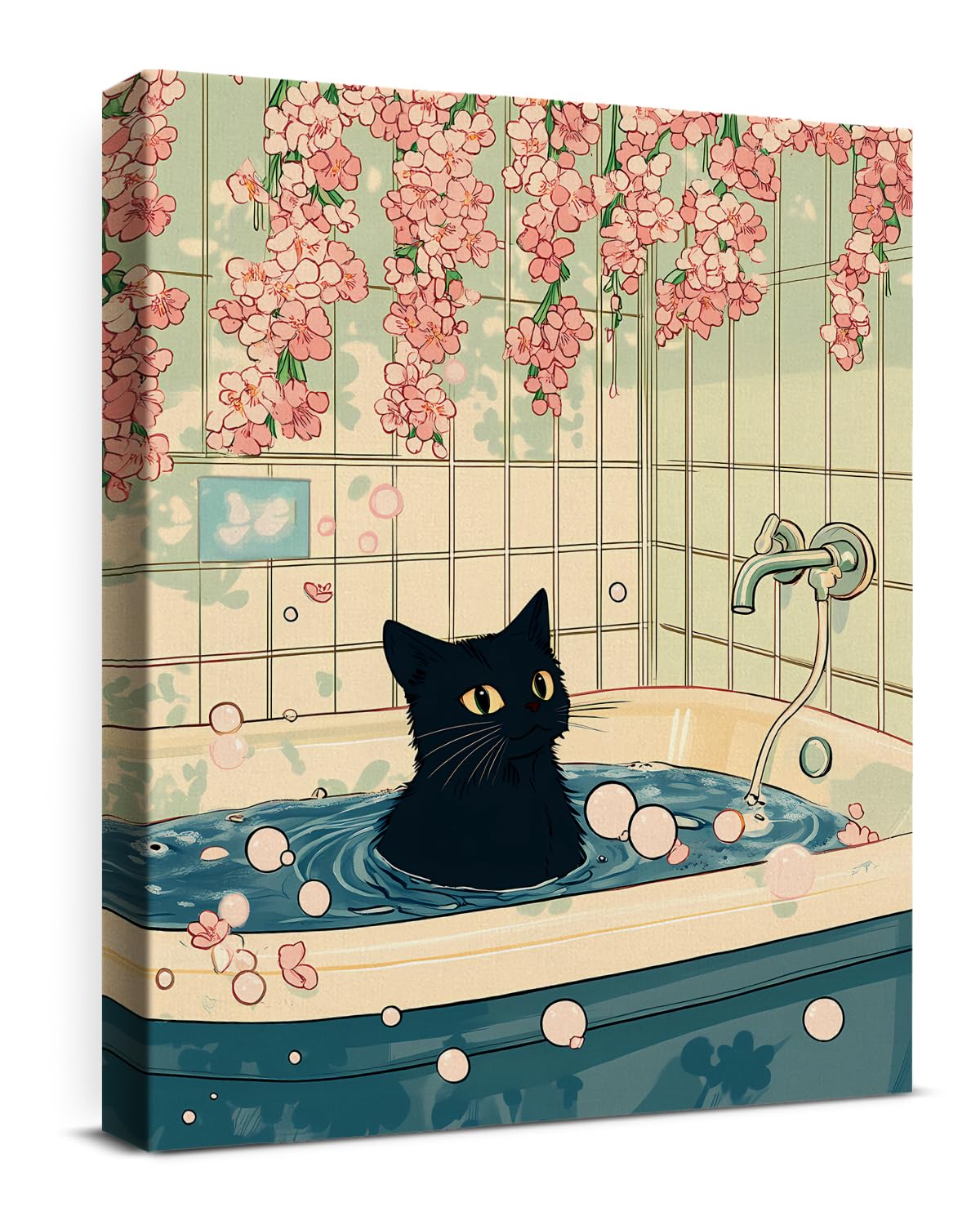 Aesthetic Japanese Cat Wall Art Decor Japan Cat in Bathtub Canvas Print Poster F