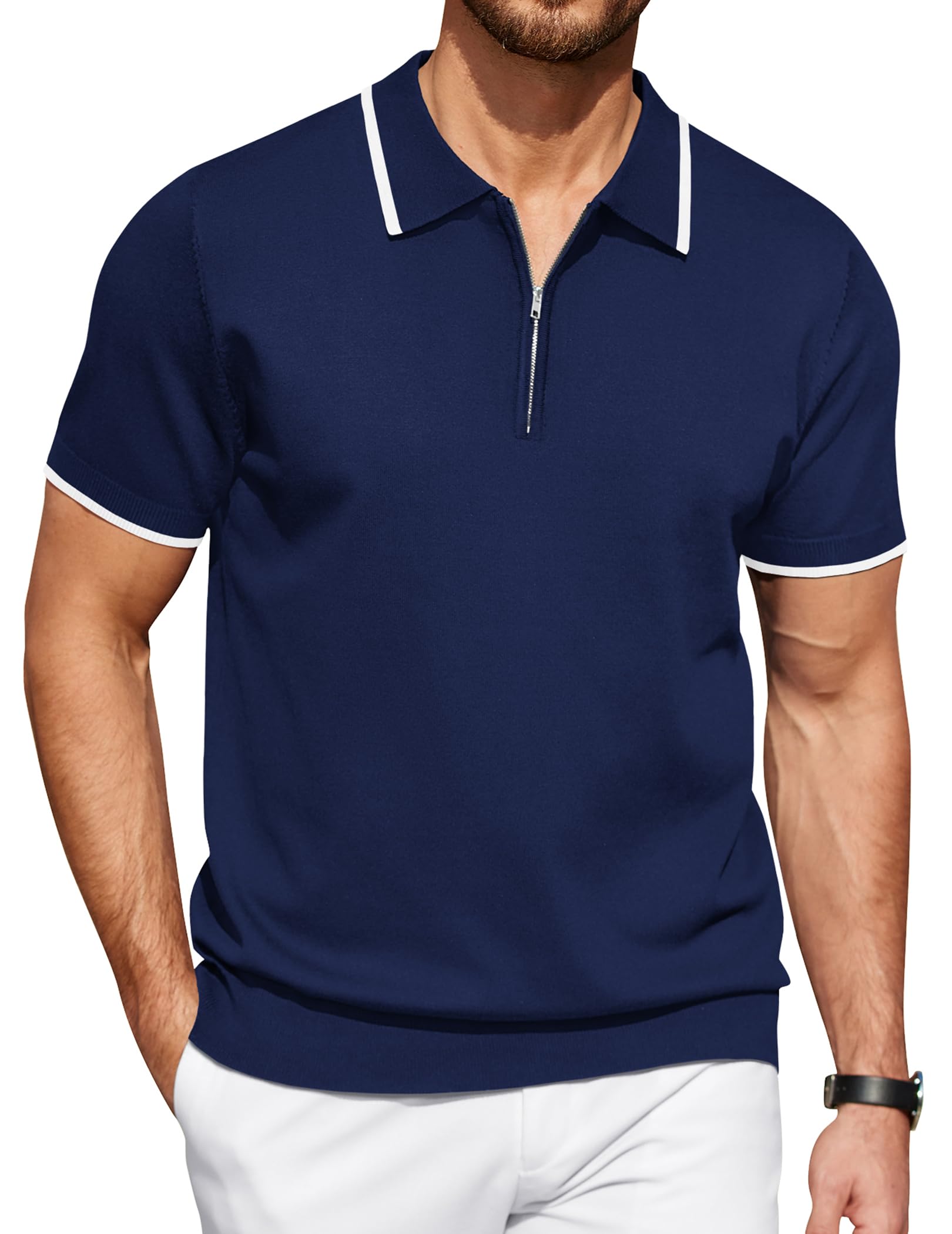 Coofandy Mens Classic Fit Casual Short Sleeve Zip Up Knit Polo Shirt