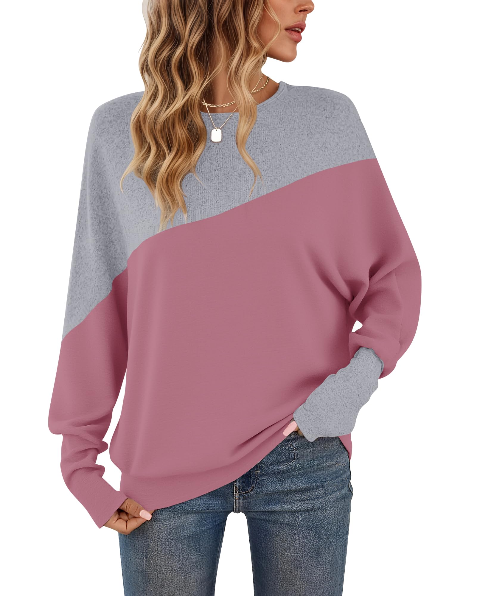 WNEEDU Women's Color Block Long Sleeve T-Shirt
