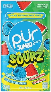 PUR Jumbo Gum, Sour Blue Raspberry & Watermelon, Xylitol Gum, 20 Count