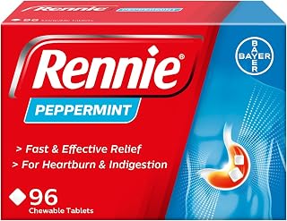 Rennie Peppermint Antacid Chewable Tablets, Heartburn Indigestion, 96 Pack | For Heartburn And Indigestion, Chewable Tablets, Neutralise Excess Stomach Acid, With Calcium Carbonate & Magnesium Carbonate