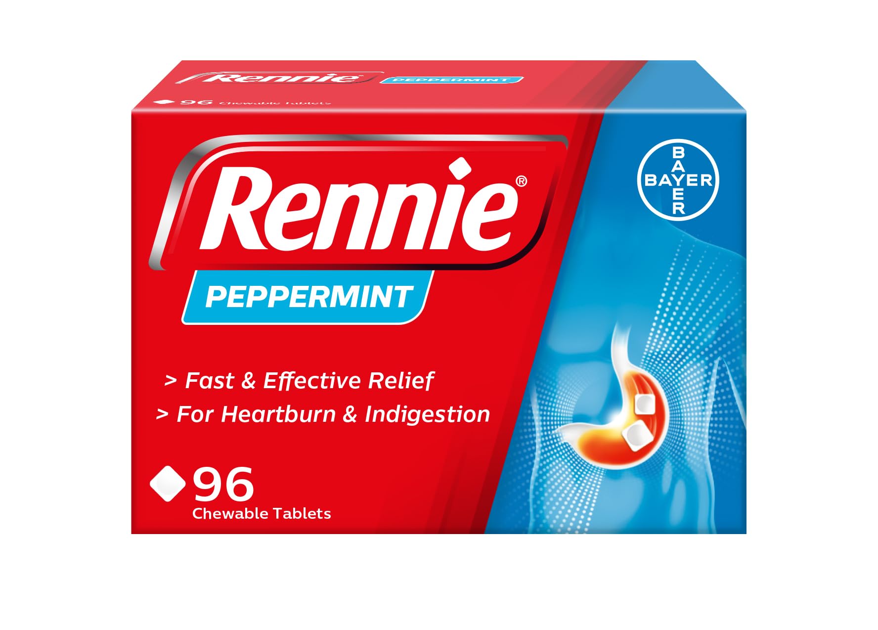 Rennie Peppermint Antacid Chewable Tablets, Heartburn Indigestion, 96 Pack | For