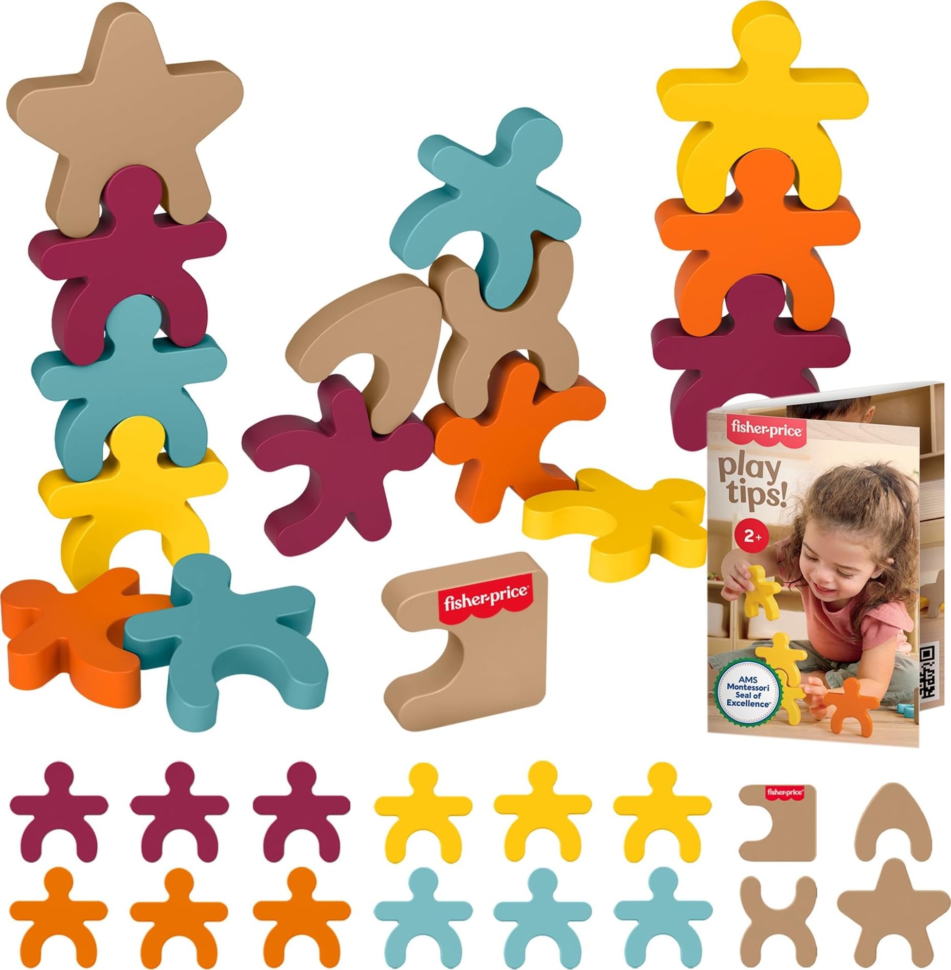 Fisher-Price Wood Montessori Stacking Shapes Learning Activity | 16 Wooden Piece