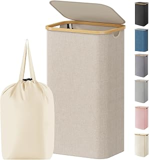 Lifewit 105L Laundry Basket with Lid, Foldable, Bamboo Handles, Beige | Dirty Clothes Bin with Removable Bag, Large Washing Basket for Bedroom, Bathroom, Dorm and Laundry Room