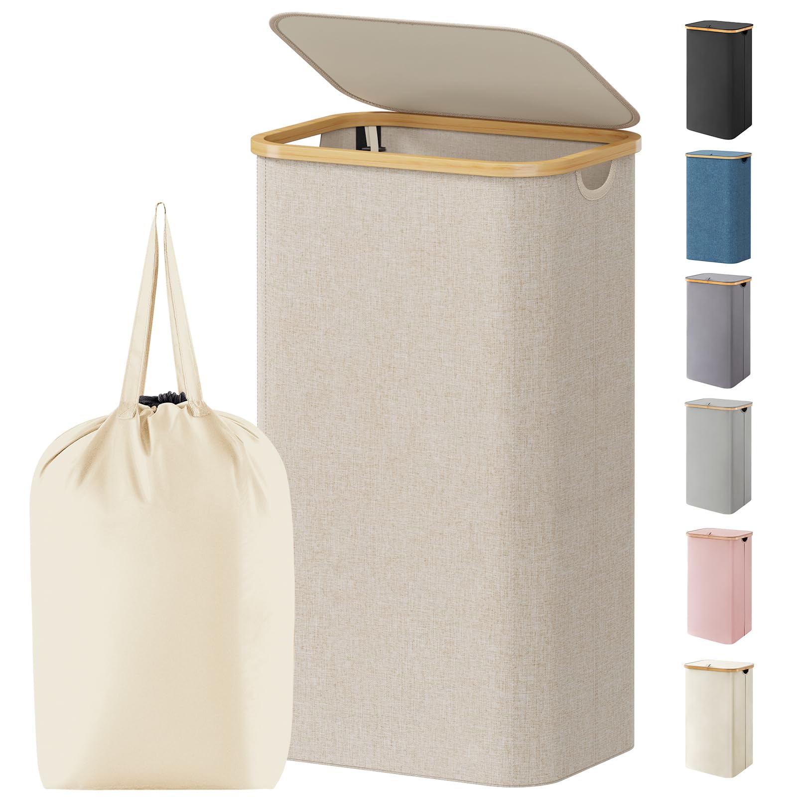 Lifewit 105L Laundry Basket with Lid, Foldable, Bamboo Handles, Beige | Dirty Cl