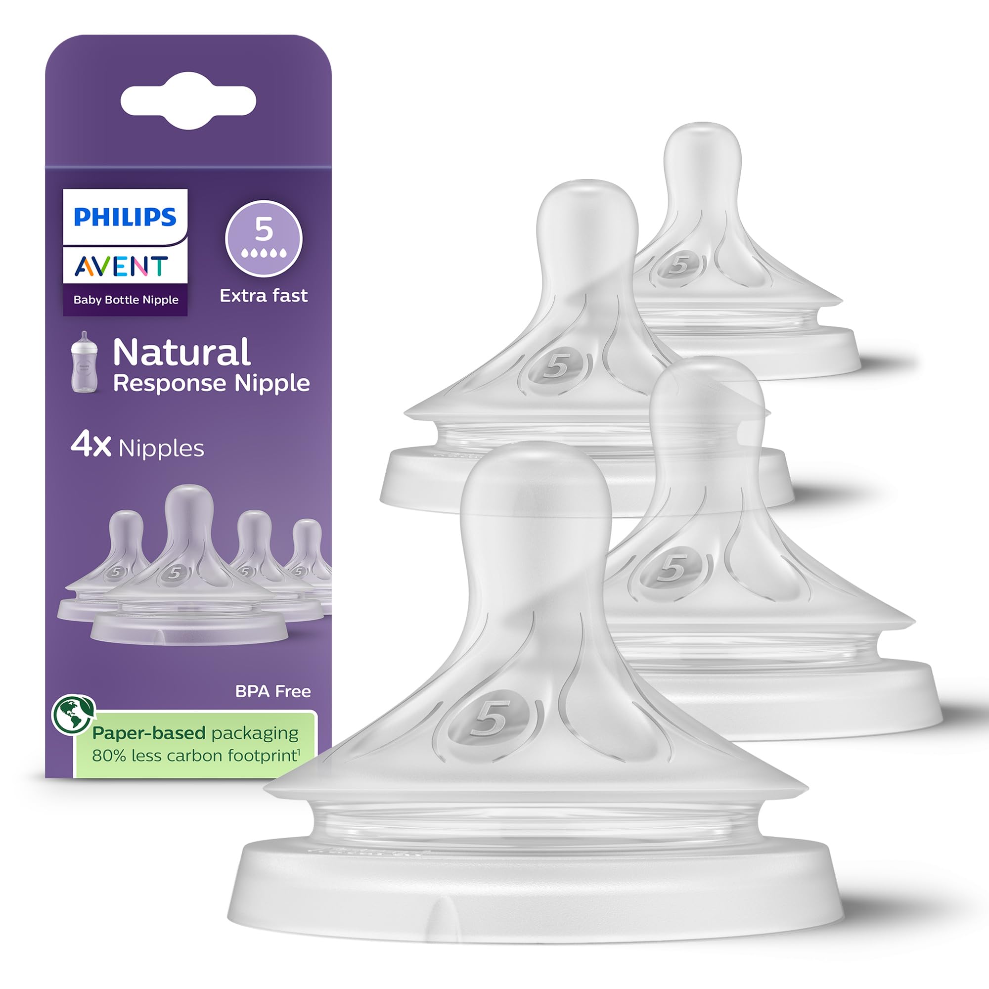 Natural Response Nipple Flow 5, 4 pack | Baby-Controlled Flow, No-Drip Design, A