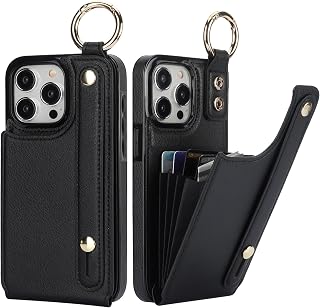 Folosu for iPhone 15 Pro Max Wallet Case with Card Holder, Hand Wrist Strap Loop Holder Kickstand, RFID Blocking Finger Grip Ring PU Leather Double Buttons Shockproof Cover 6.7" Black