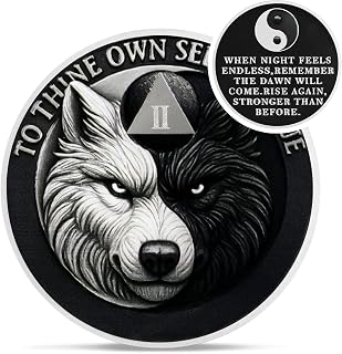 Yin Yang Balance 2 Year Sobriety Coin - to Thine Own Self Be True AA Coins | Wolf Recovery Two Year AA Chips and Medallions - Celebrate 1-65 Sober Living Clean Alcoholics Anonymous Gifts for Men Women