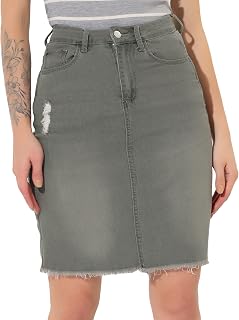 Allegra K Jupe en jean délavé taille haute avec ourlet déchiré pour femme, gris, Taille M