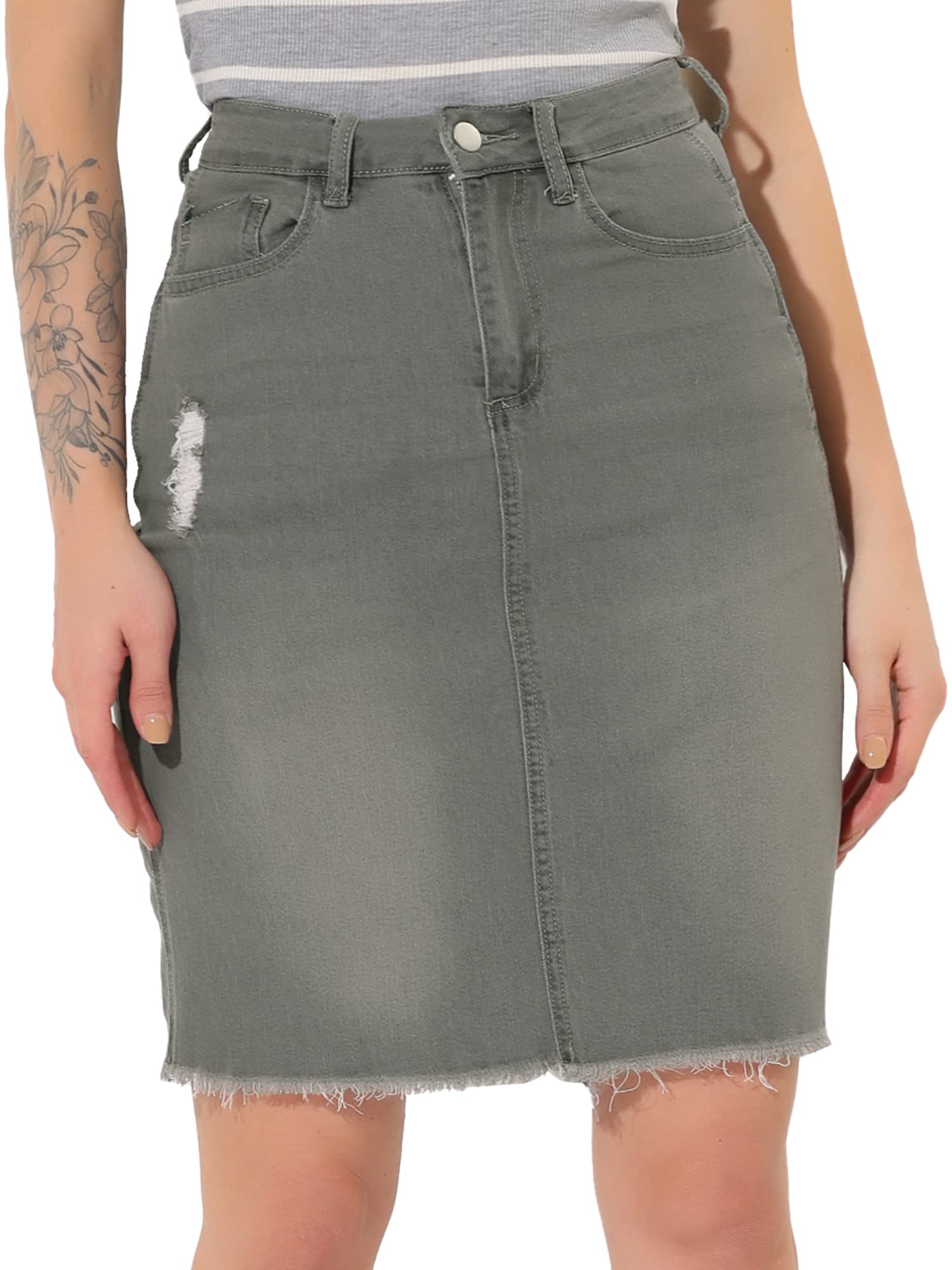 Allegra K Jupe en jean délavé taille haute avec ourlet déchiré pour femme, gris,