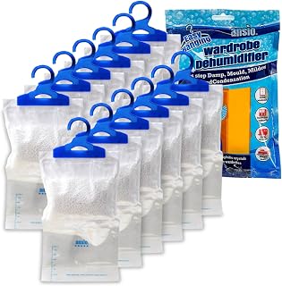 ANSIO® Wardrobe Dehumidifier Disposable Hanging Bags Pack of 12 | Room Moisture Absorber Condensation Remover for Damp, Mould in Home, Bathroom, Window, House, Kitchen, Bedroom Interior Traps
