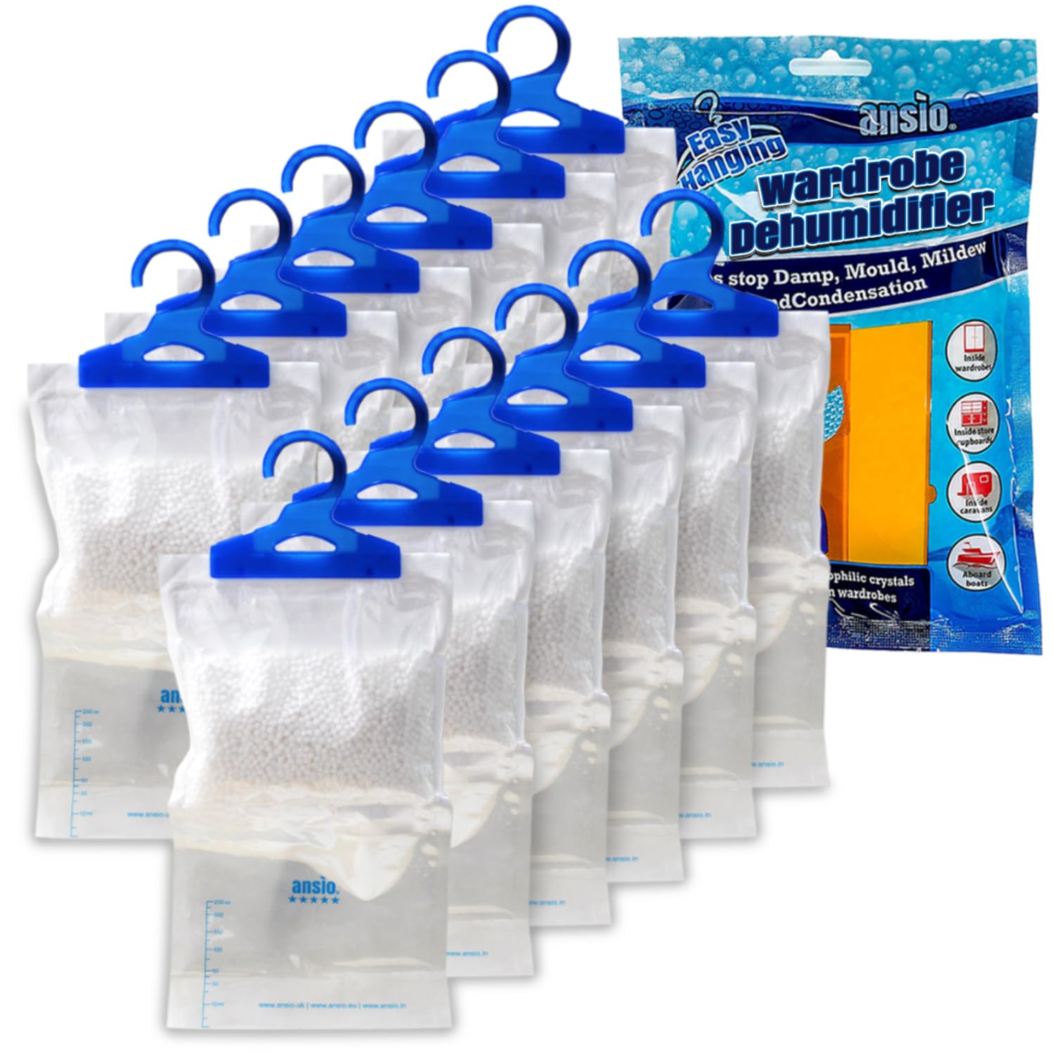 ANSIO® Wardrobe Dehumidifier Disposable Hanging Bags Pack of 12 | Room Moisture 