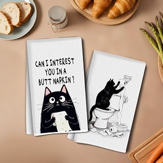 2 Pieces Funny Cat Kitchen Towels 14x24 Inches Absorbent Dish Cloth Microfiber Decorative Tea Cloth Waffle Hand Towels for Kitchen Home Bathroom Gifts for Lover