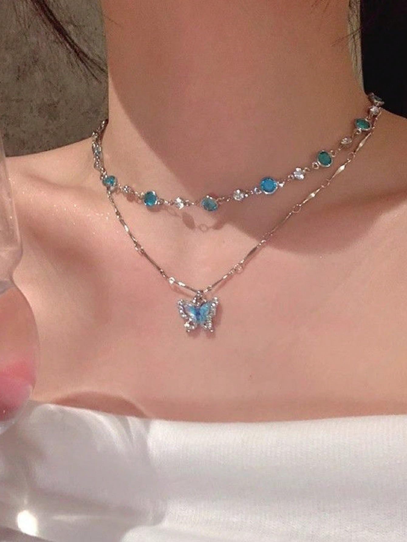 Layered Necklace for Women Blue Dainty Choker Summer Western Necklace