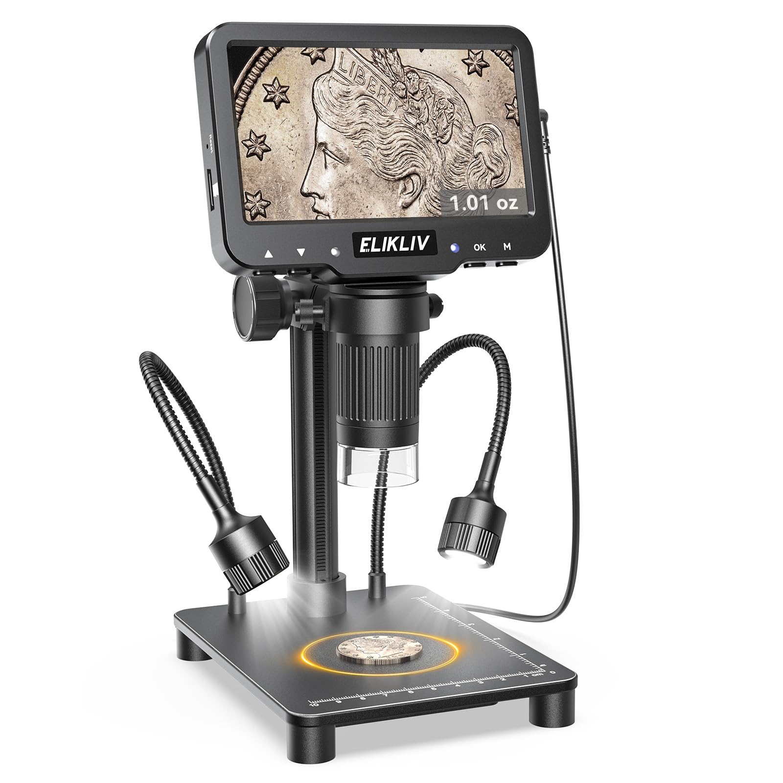 Elikliv Coin Microscope with Weighing Scale, Digital Magnifier 8+2 Lights | 4.3"