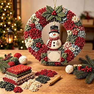 Christmas Wreath Making Kit for Adults 3D Fabric Poke Art Kit No Sew Beginner Craft Project Handmade Hanging Decoration for Front Door Wall Entryway and Home (Snowman)