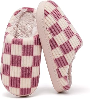 Guyarns Kids Slippers for Boys Girls Plush Lined Memory Foam Checkered Slippers Non-Slip Sole Winter Warm Bedroom Cloud House Shoes Indoor Outdoor