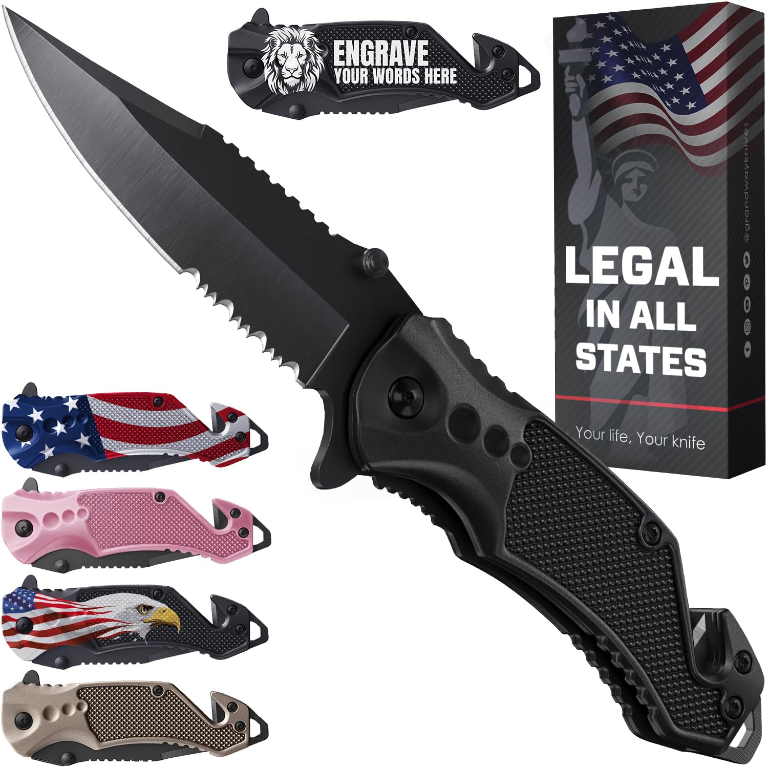 GOOD WORKER Legal Pocket Knife with 2.95” Serrated Blade, Glass Breaker, Seat Be