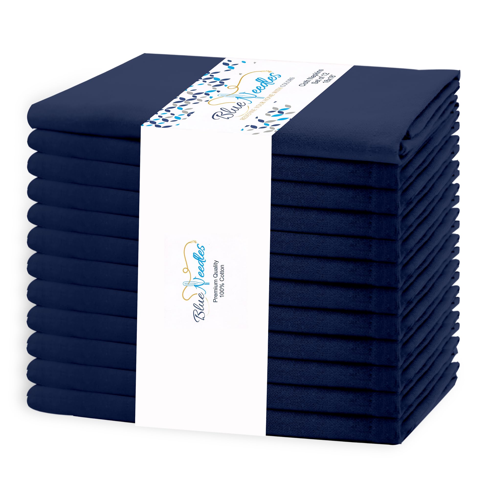 Blue Needles Solid Cloth Napkins 100% Cotton Set of 12-18 x 18 Inches | Navy Blu