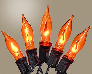 Halloween Decorations Indoor Outdoor - Flickering Flame String Lights Orange Halloween Lights, 12.8Ft C7 Retro Twinkle Flame String Lights with 10 Flame Light Bulbs(E12 Bulbs, Orange)