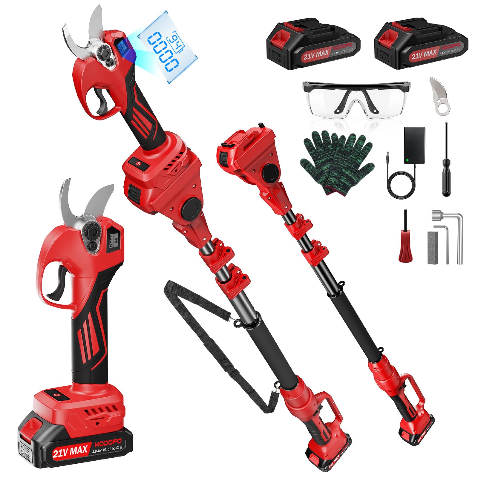 MODOFO 2-in-1 Electric Pruning Shears Cordless with Pole, 2.1" Cutting Diameter 