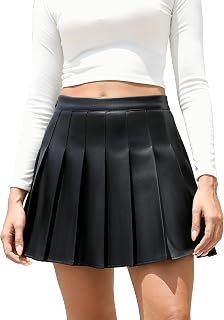 Easisim Women's Faux Leather High Waist A-Line Pleated Skater Mini Skirt
