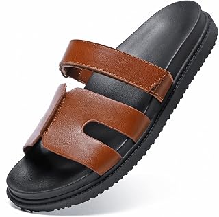 ZEENXIUYA Women's Slide Sandals with Comfort Arch Support, Adjustable Velcro Summer Beach Slides, Lightweight Slip on H-Strap Leather Open Toe Wide Flat Sandal